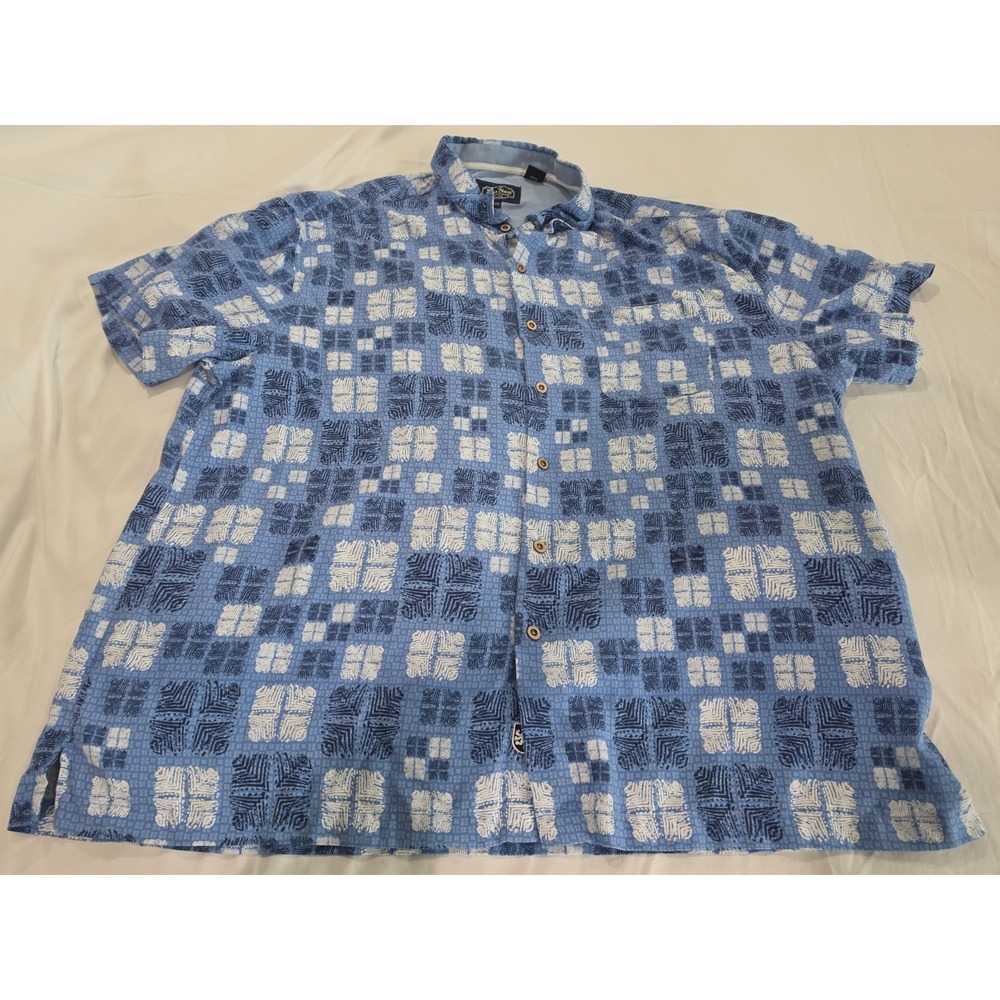 Nat Nast Mens XXL Blue White Silk Blend Geometric Short Sleeve Button Up Shirt